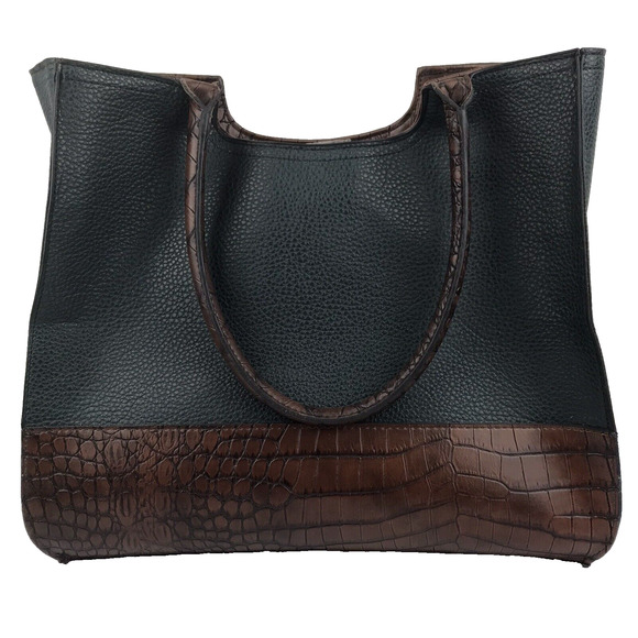 Faux Leather Tote Dark Green Brown Alligator Pattern Handbag Purse 2 Section - Picture 4 of 11